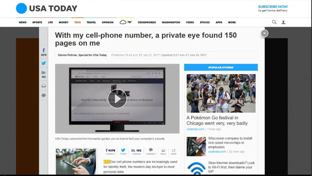 Screen capture of an article in USA Today featuring Martin Investigative Services