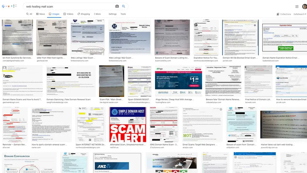 A Google Image search showing many of the fake invoices for web hosting that are being mailed out.